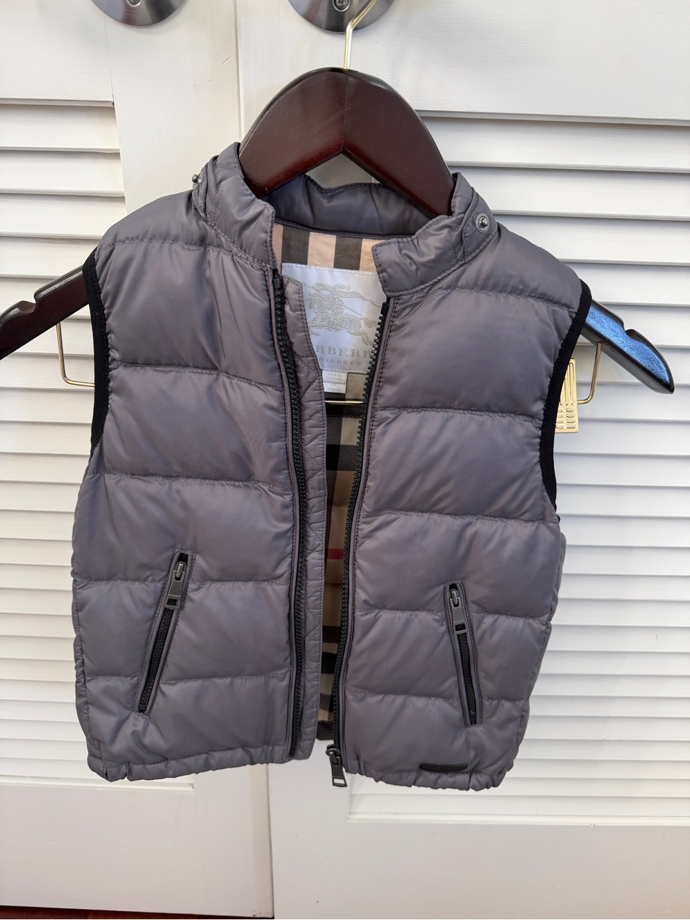 Burberry Gray Quilted Kids Puffer Vest with Signature Check Lining